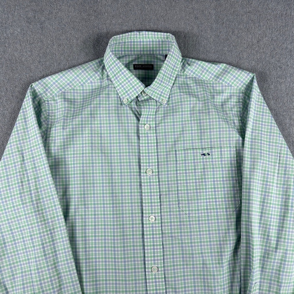 Fish Hippie Shirt Mens M Green Blue Plaid Check Button Down Stretch Long Sleeve